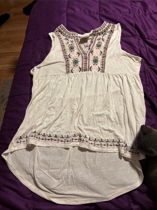 Knox Rose Tops - Knox Rose Cream Sleeveless Embroidered Boho Tunic with Pink & Green Accents